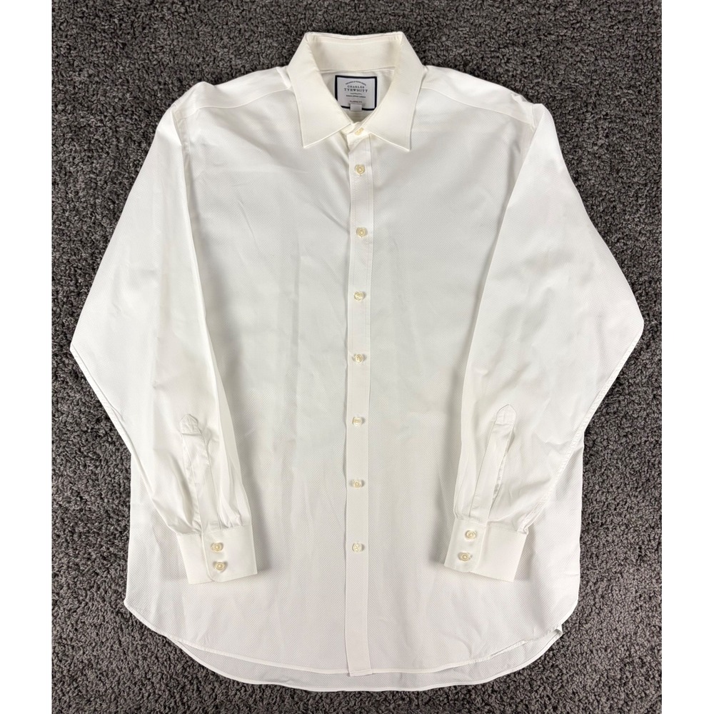 Charles Tyrwhitt Mens White Textured Classic Fit Dress Shirt 17.5 36 Cotton